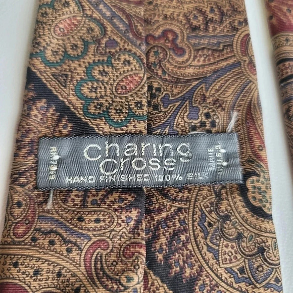 Charing Cross Mens Tie Red Green Gold Tan Paisley 100% Silk Hand Finished - Picture 5 of 6